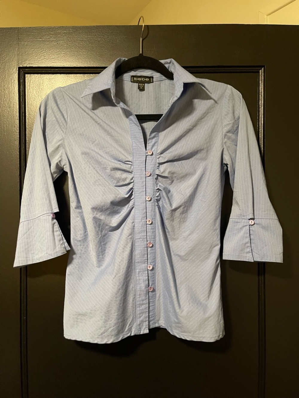 bebe Light Blue Ruched Button-Down Shirt